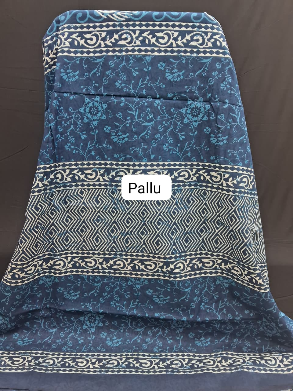 Indigo and White Ajrakh Printed Mulmul cotton saree pallu