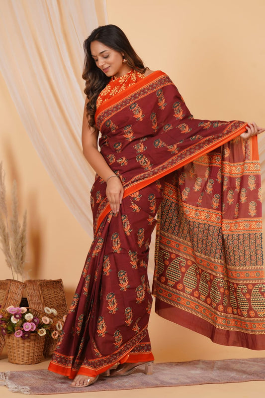 Maroon Mulmul Cotton Saree