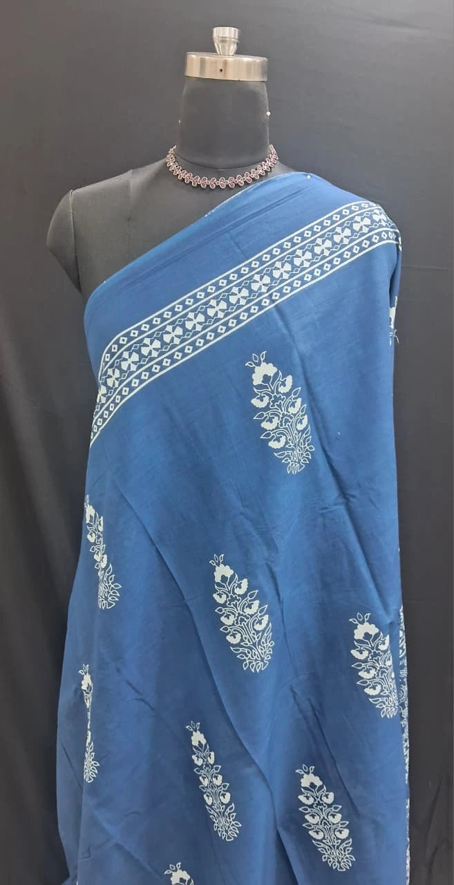 Navy Bloom Handblock Mulmul Cotton Saree
