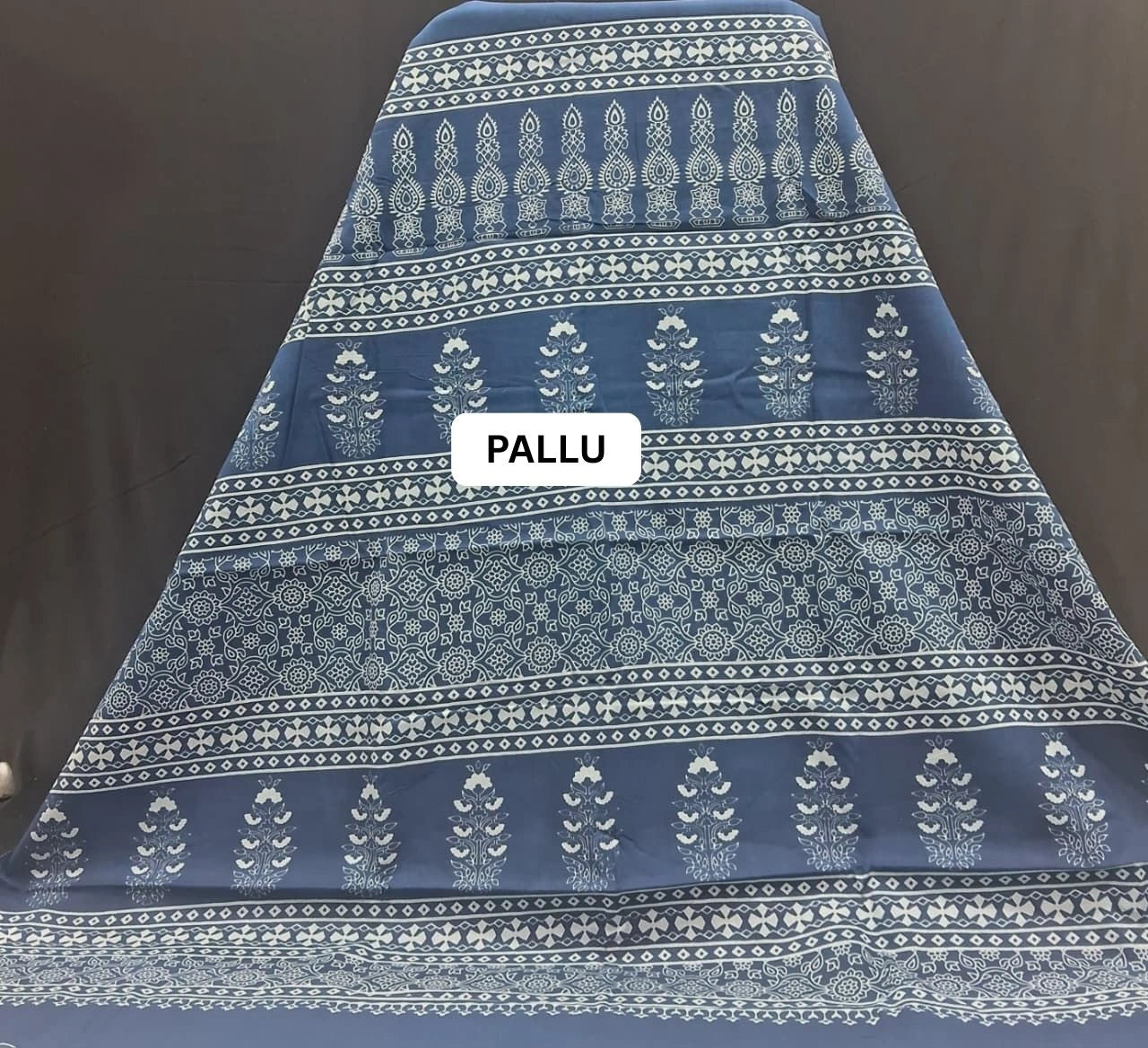 Navy Bloom Handblock Mulmul Cotton Saree Pallu