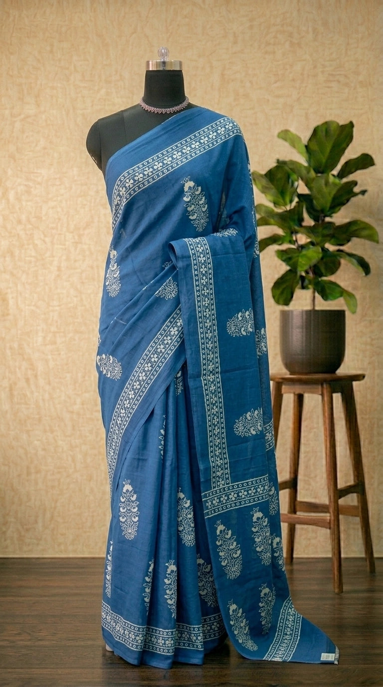 Navy Bloom Handblock Mulmul Cotton Saree