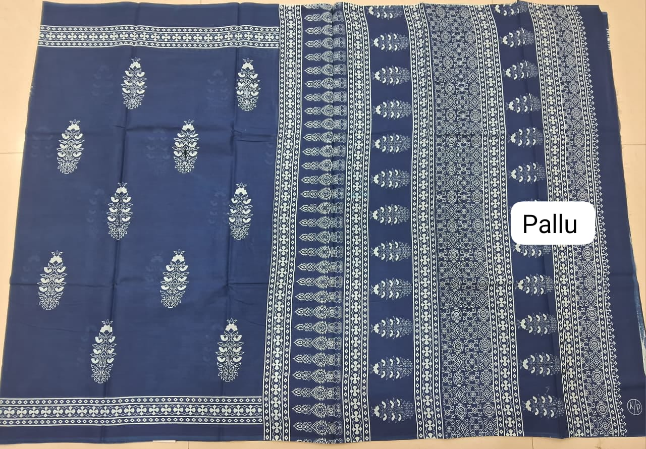 Navy Blue Mulmul Cotton Saree Pallu