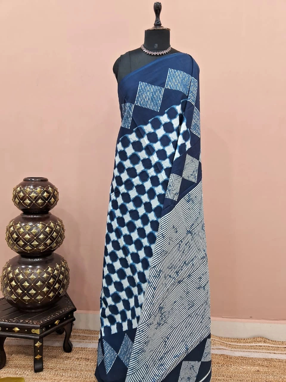 White and dark blue printed mulmul cotton saree 