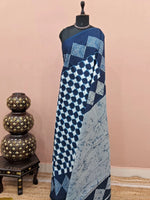 White and dark blue printed mulmul cotton saree 