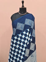 White and dark blue printed mulmul cotton saree 1