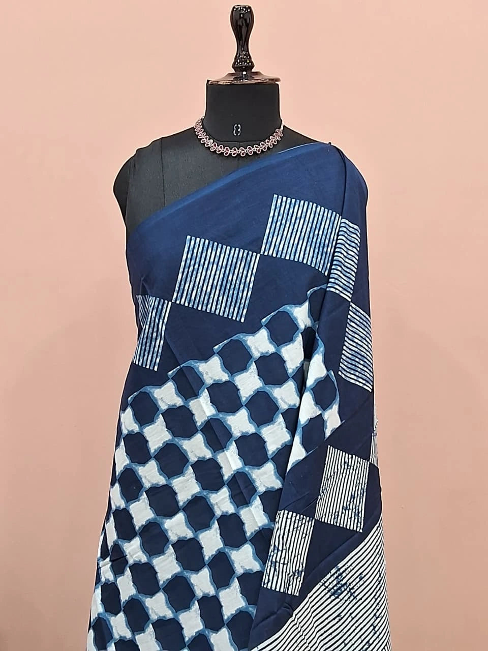 White and dark blue printed mulmul cotton saree 1