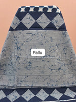 White and dark blue printed mulmul cotton saree pallu