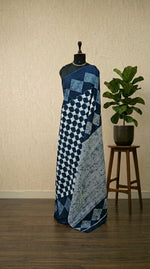 White and dark blue printed mulmul cotton saree