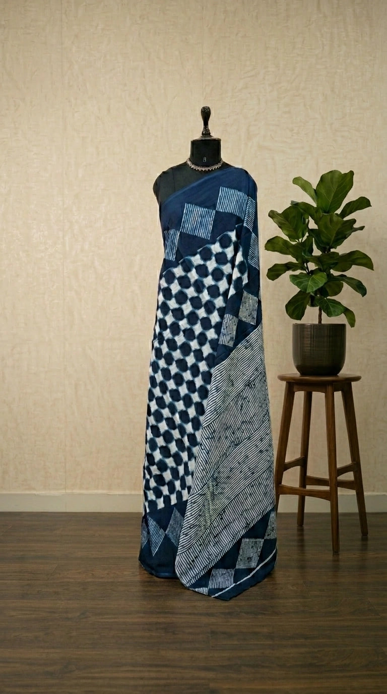 White and dark blue printed mulmul cotton saree
