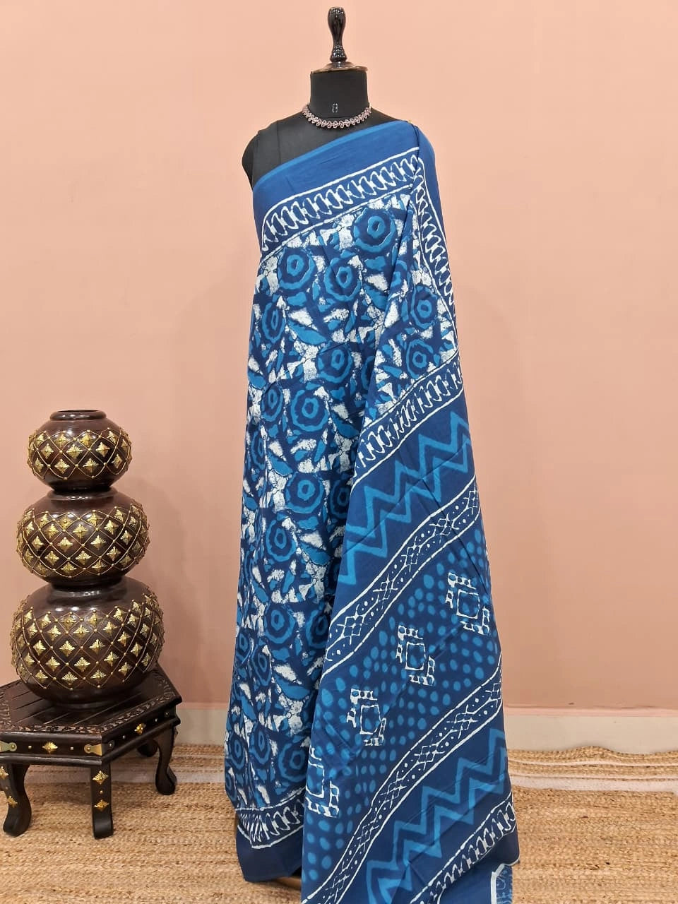 Blue mulmul cotton saree