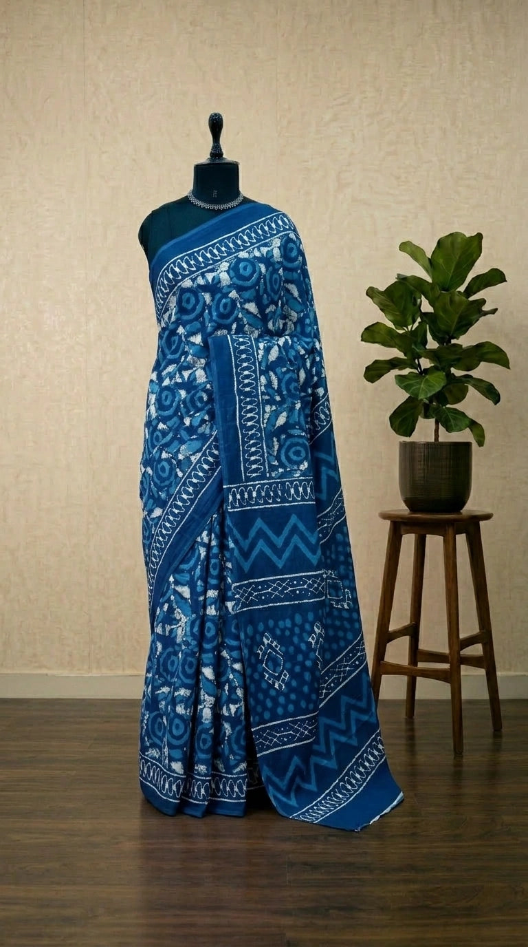 Blue mulmul cotton saree