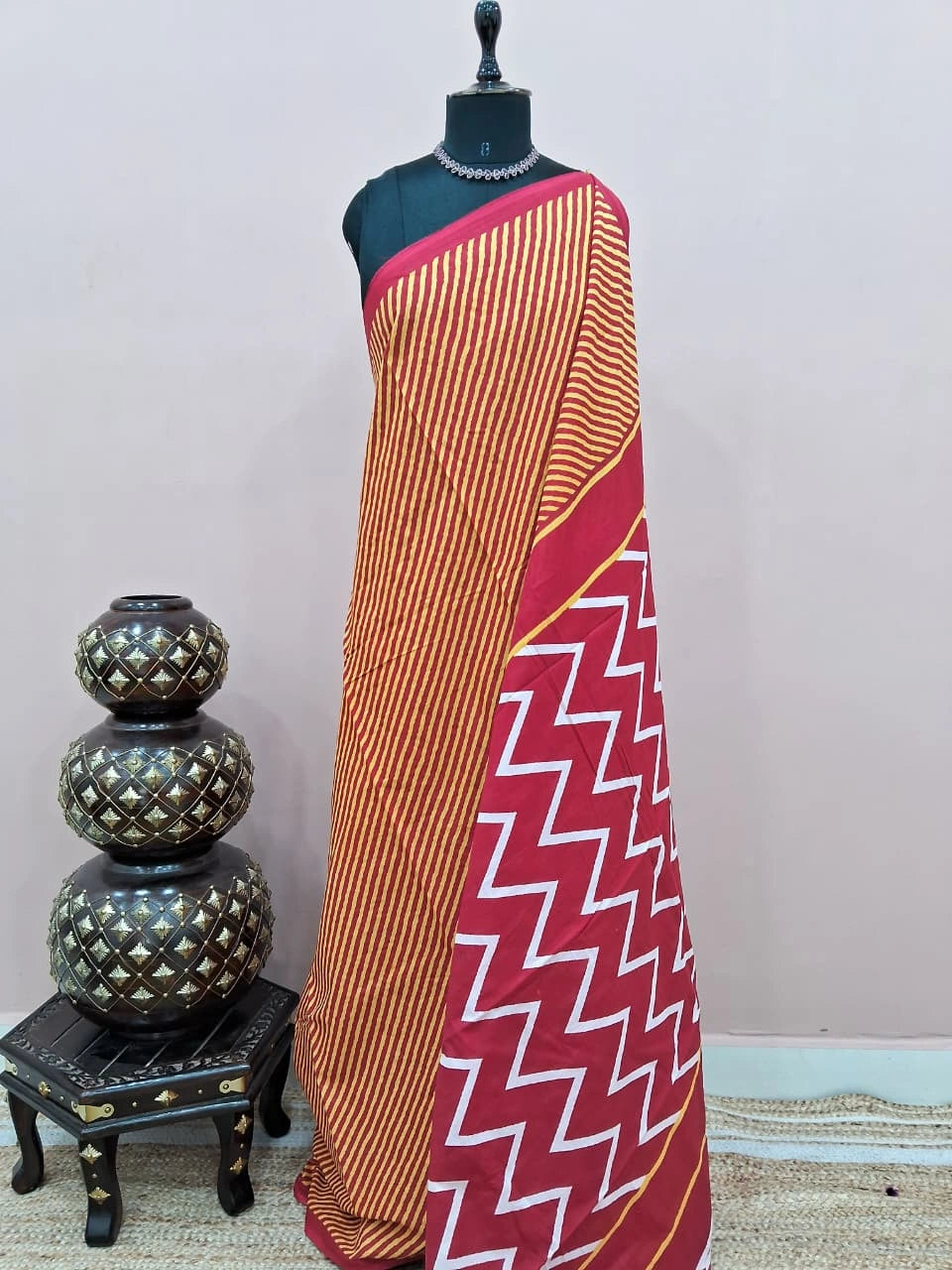 Tomato red mulmul cotton saree 