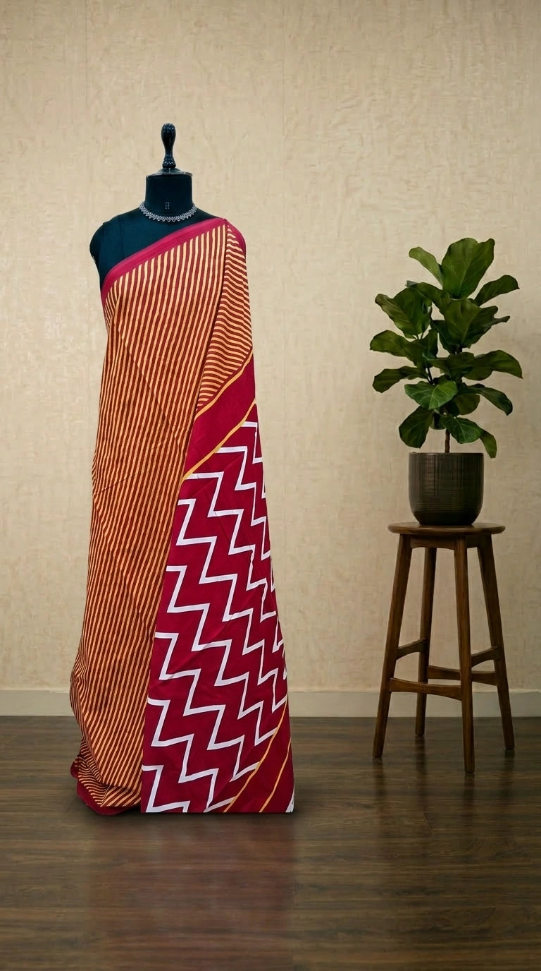 Tomato red mulmul cotton saree