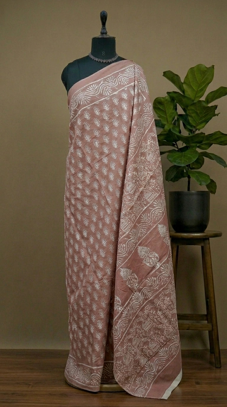 Taupe Brown Mulmul Cotton Saree 