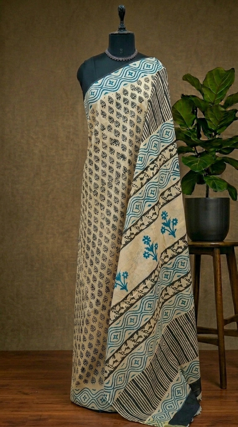 Cream mulmul cotton saree