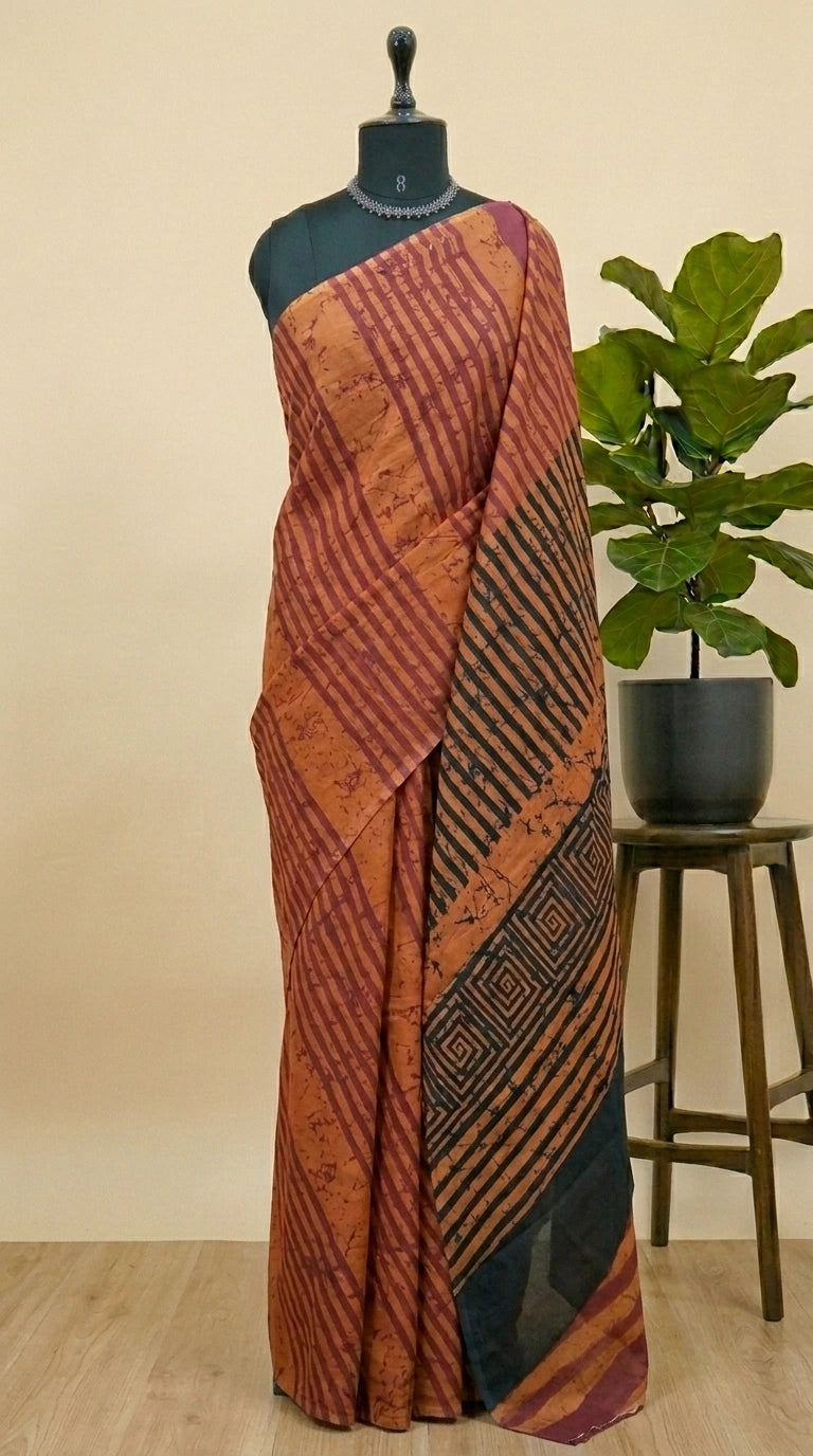 Brown mulmul cotton saree
