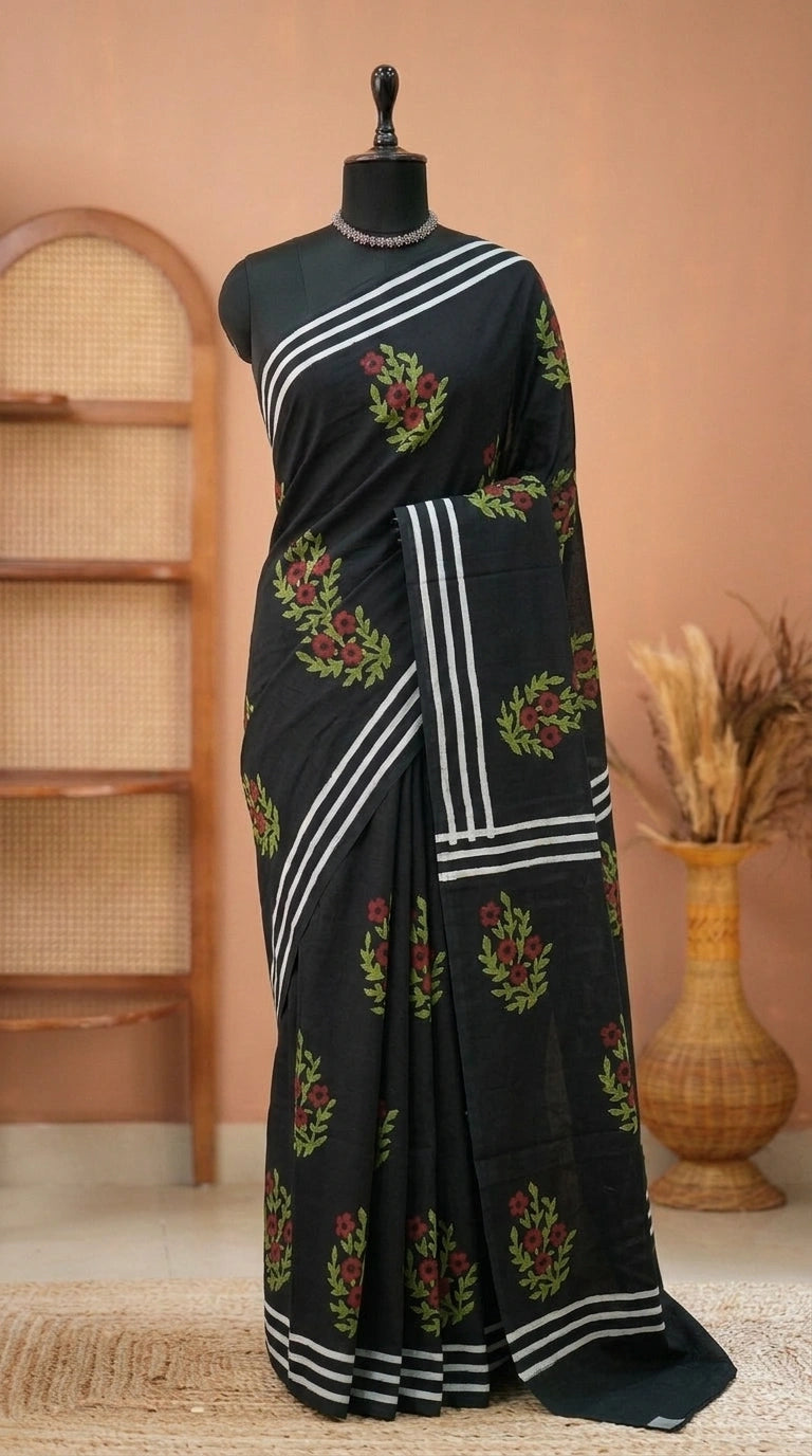 Black mulmul cotton saree