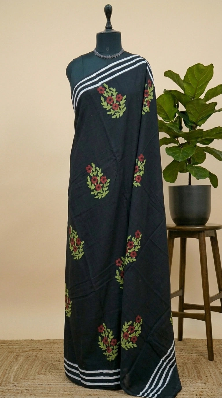 Black mulmul cotton saree