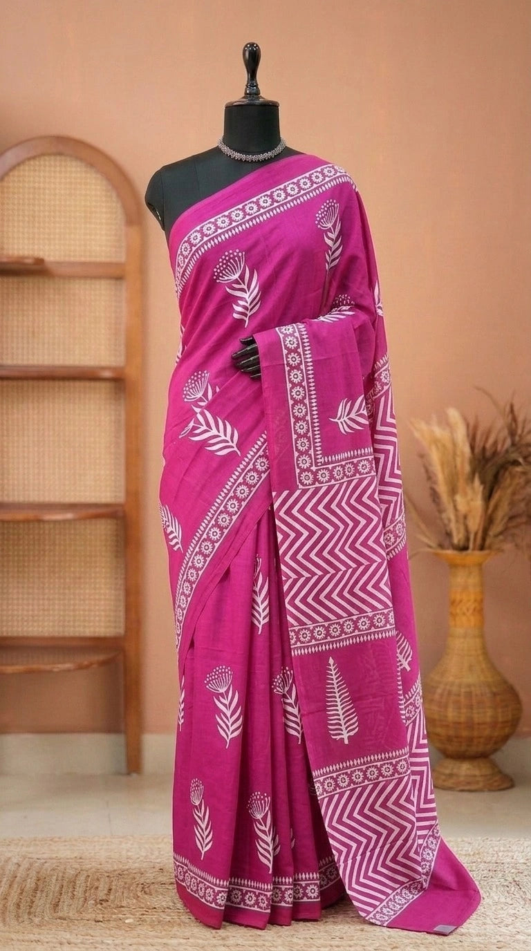 Rani pink mulmul cotton saree