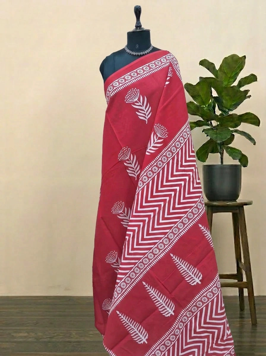 Tomato red mulmul cotton saree