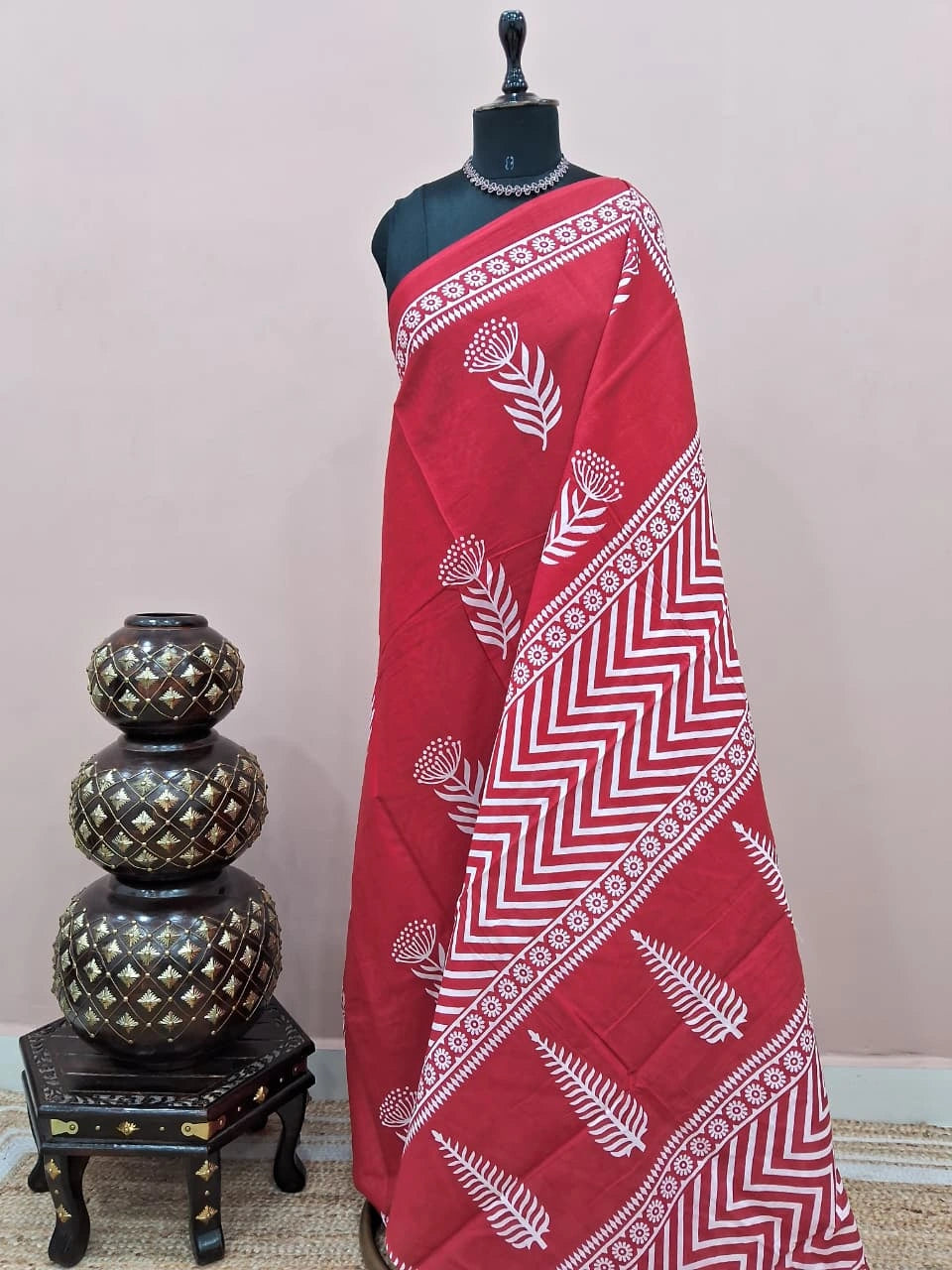 Tomato red mulmul cotton saree