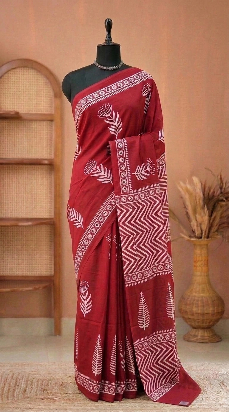 Tomato red mulmul cotton saree