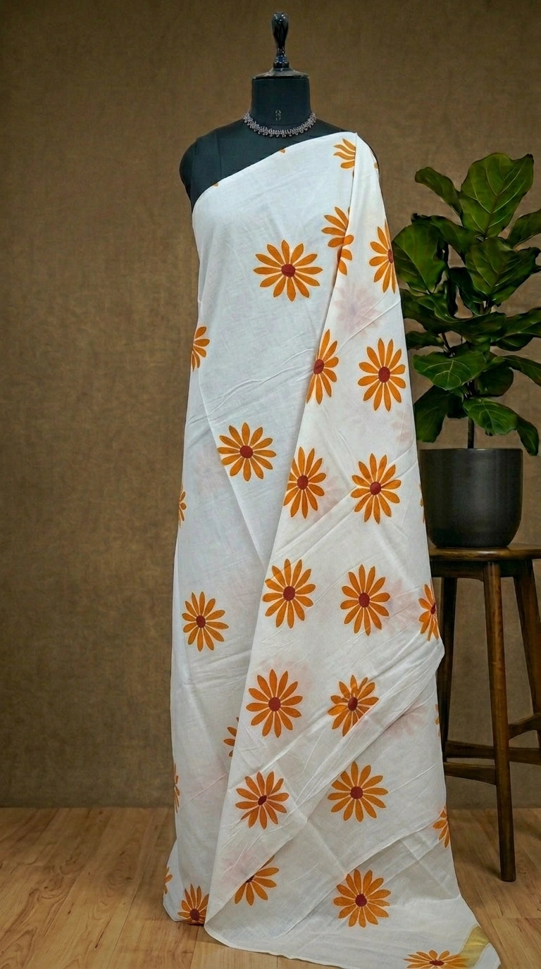 Pure white mulmul cotton saree
