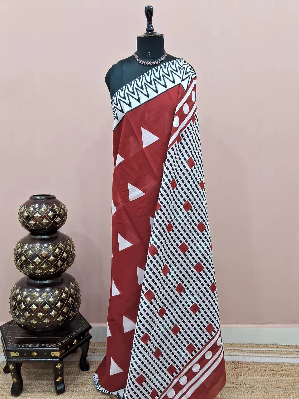 Maroon mulmul cotton saree