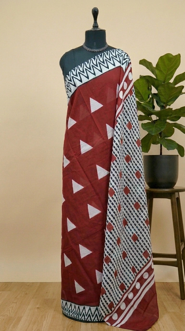 Maroon mulmul cotton saree