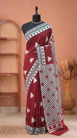 Maroon mulmul cotton saree 