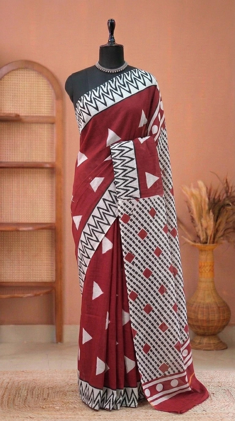Maroon mulmul cotton saree 