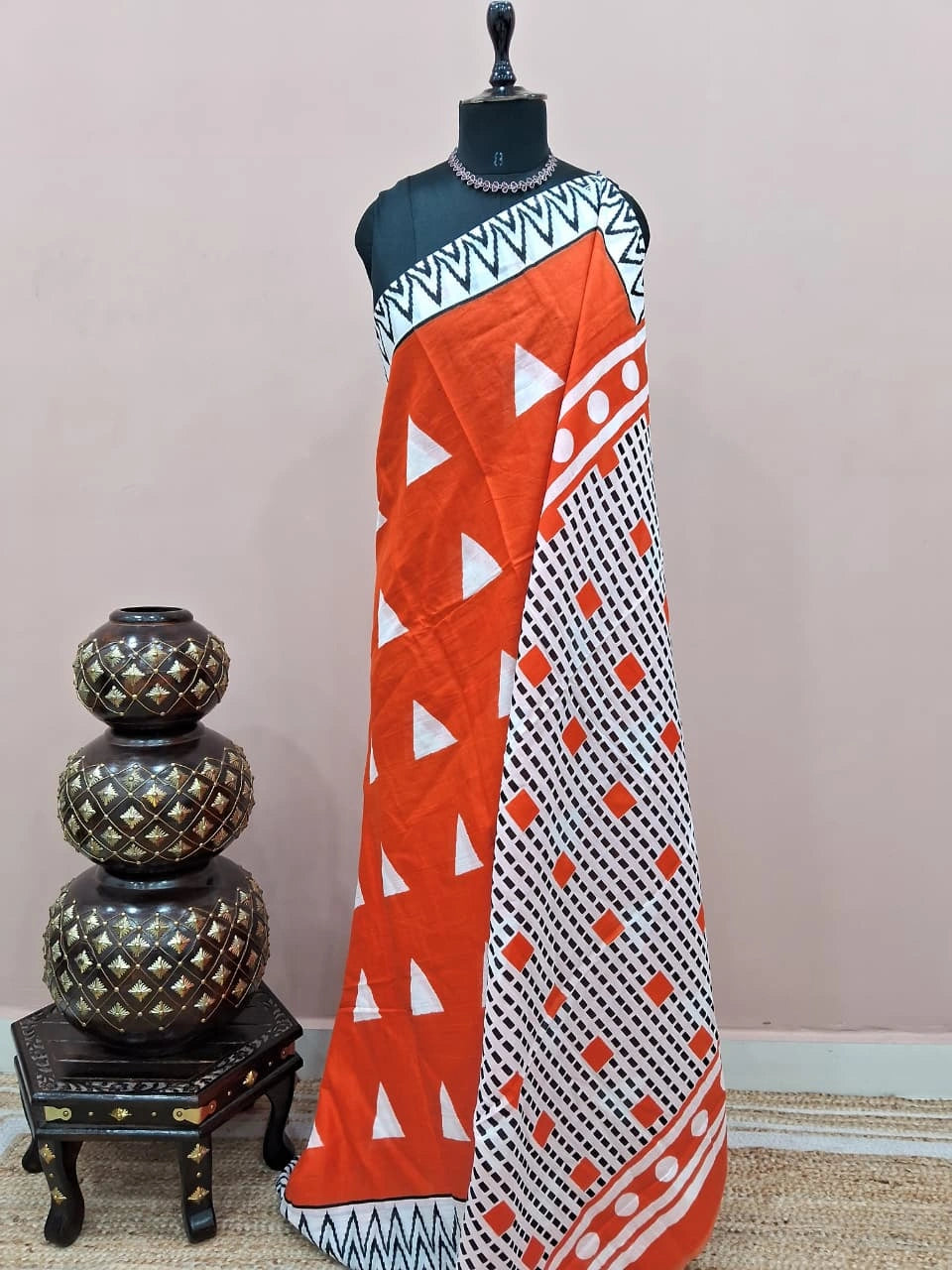 Dark orange mulmul cotton saree 