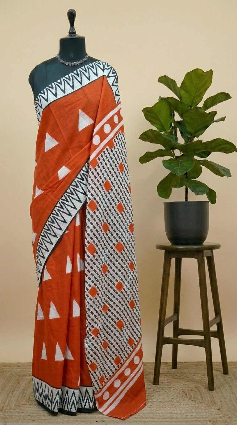 Dark orange mulmul cotton saree 