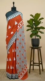 Dark orange mulmul cotton saree 