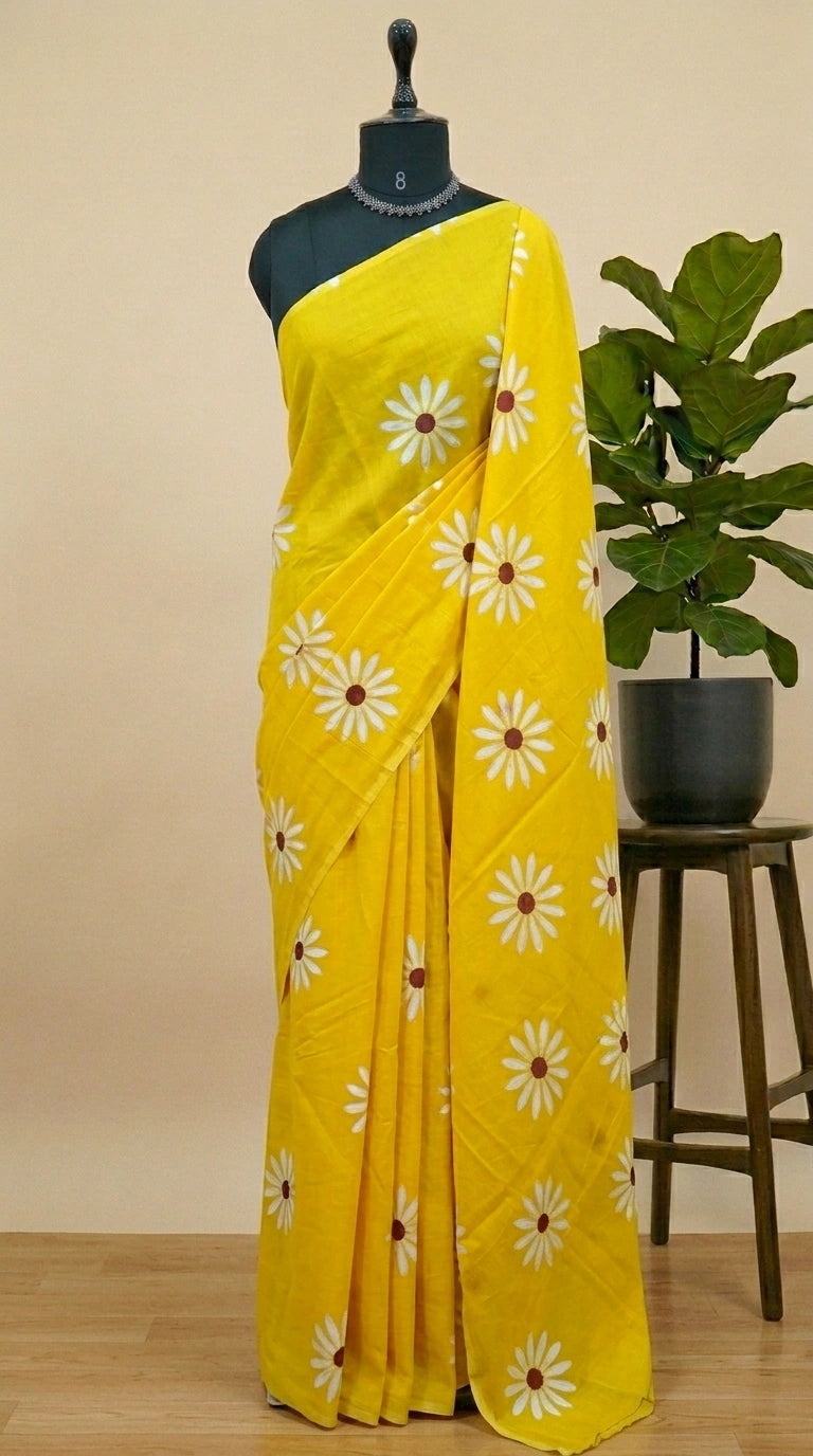 Radiant yellow mulmul cotton saree