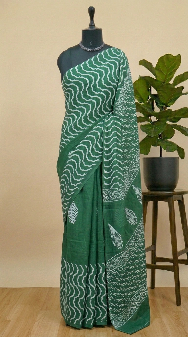 Elegant green mulmul cotton saree