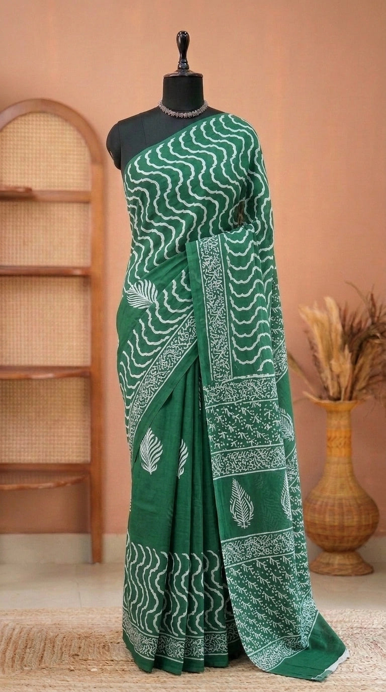 Elegant green mulmul cotton saree