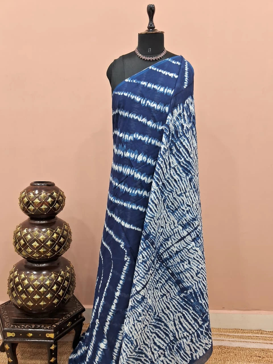 Navy blue mulmul cotton saree