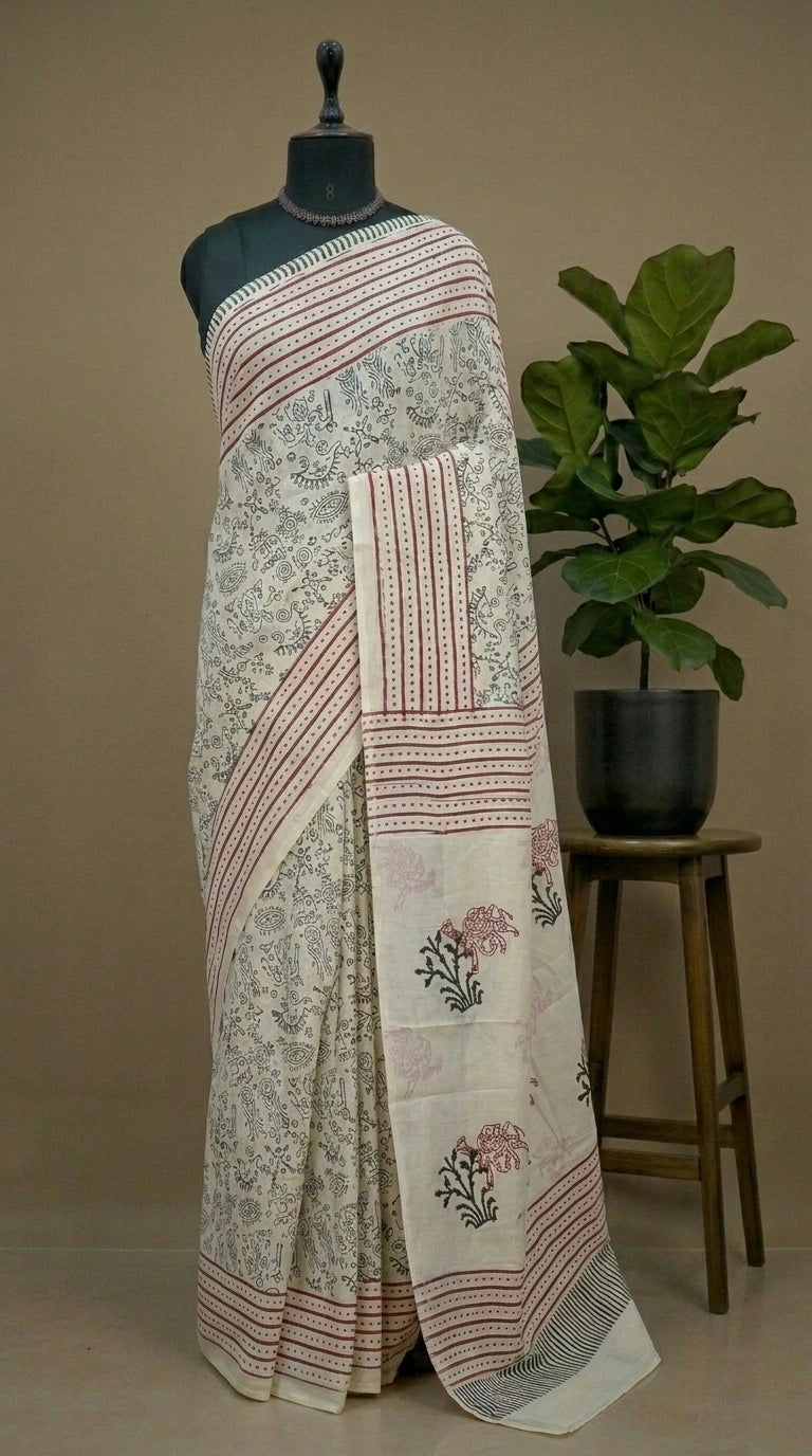 Elegant white mulmul cotton saree