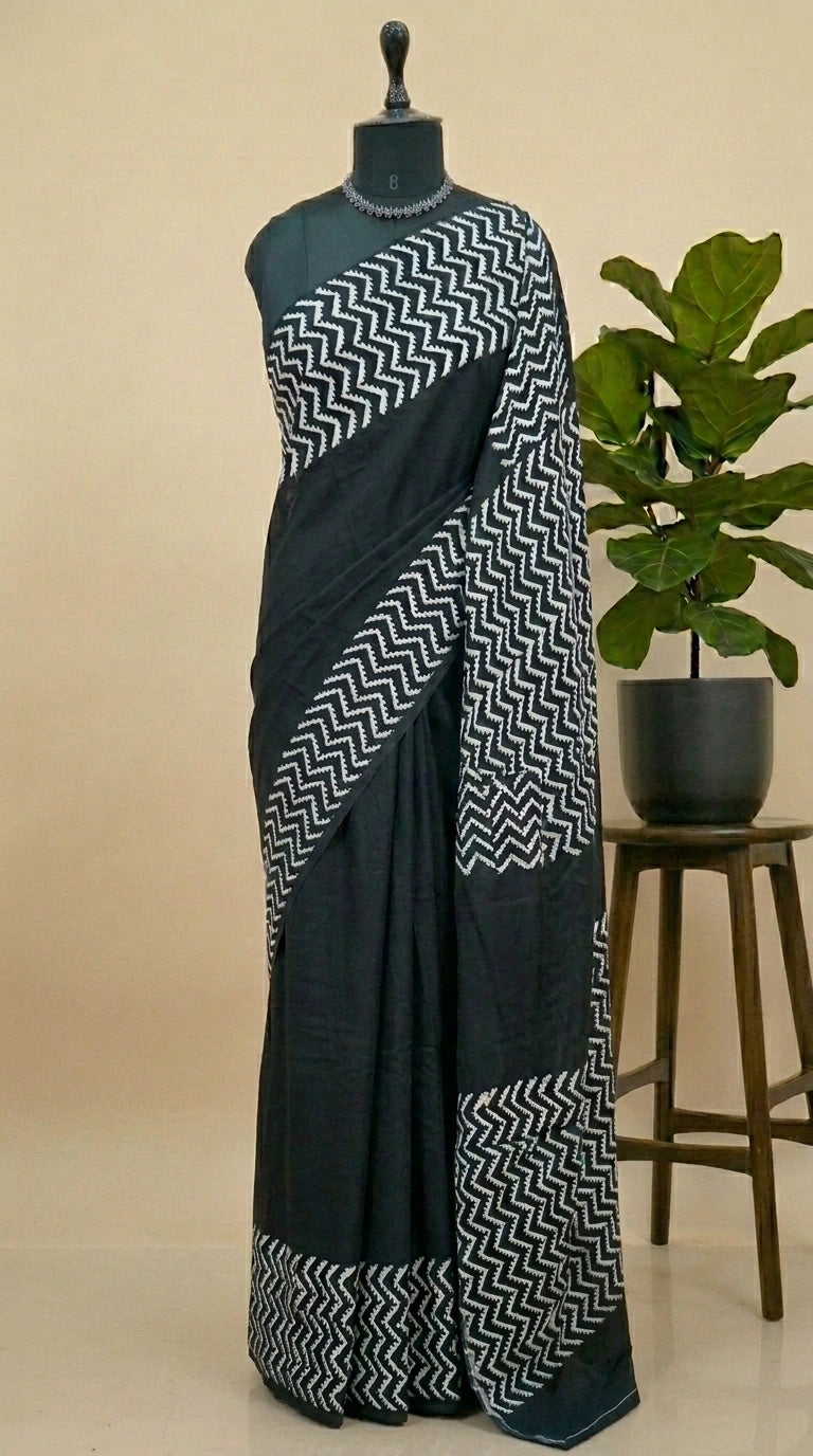 Elegant pure black mulmul cotton saree