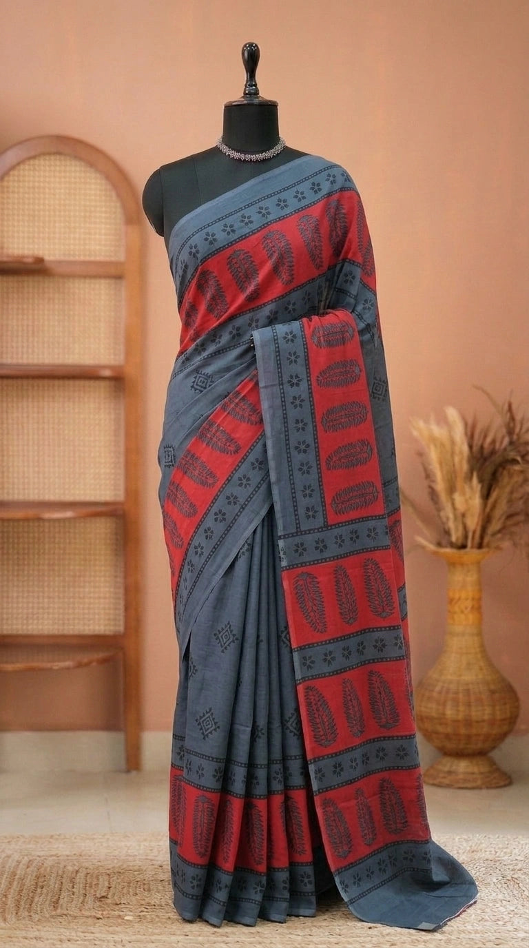 Elegant elephant grey plain mulmul cotton saree