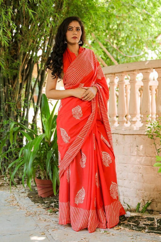 Red mulmul cotton saree