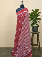 Elegant red mulmul cotton saree