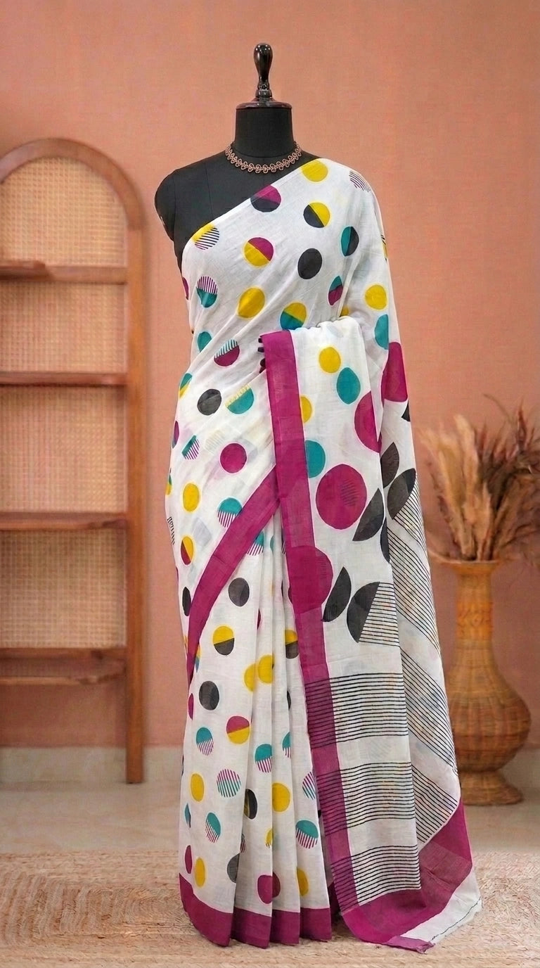 Graceful white mulmul cotton saree