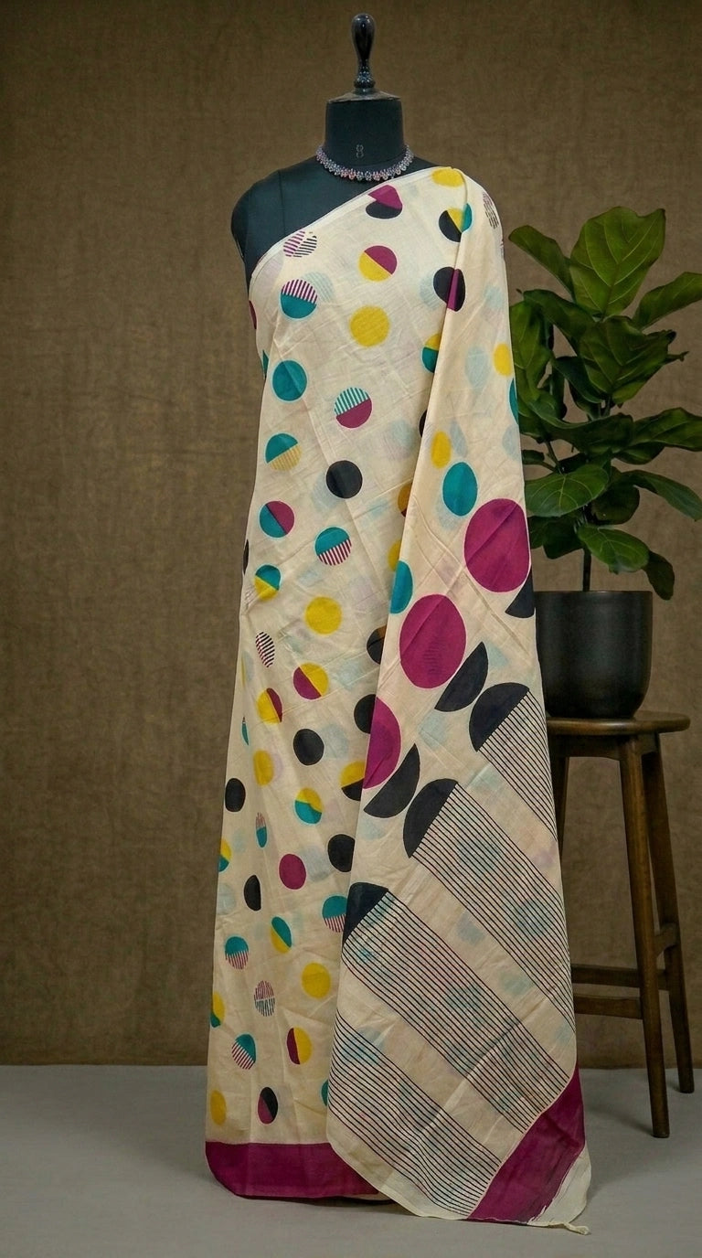 Elegant beige mulmul cotton saree