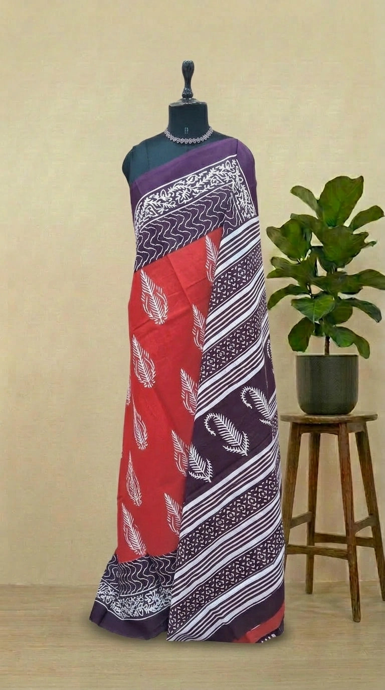 Rust Orange Mulmul Cotton Saree
