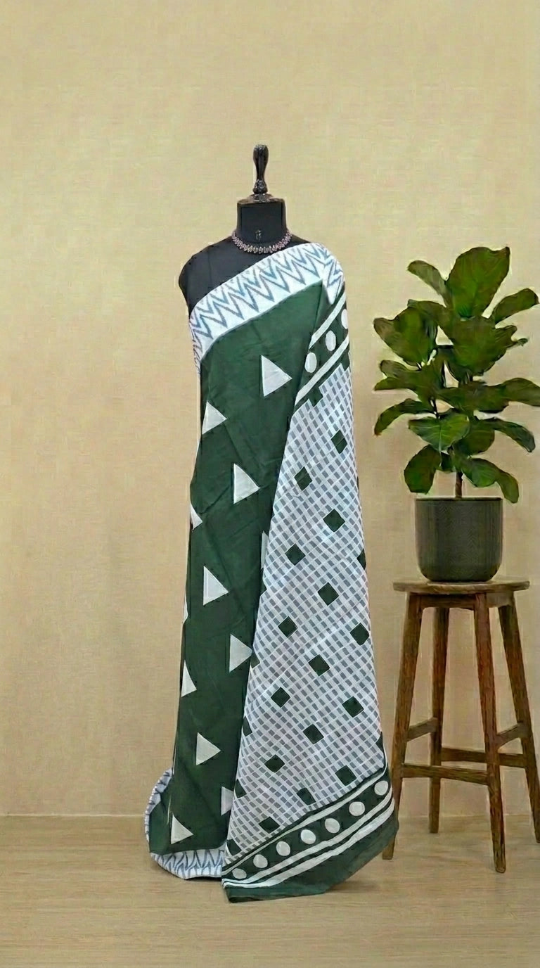 Bottle Green Mulmul Cotton Saree 