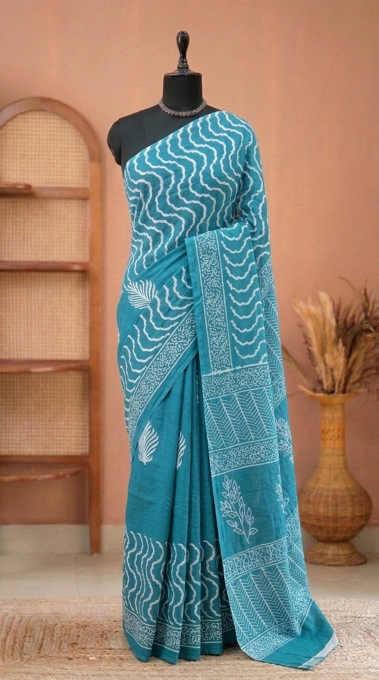 Sky Blue Mulmul Cotton Saree