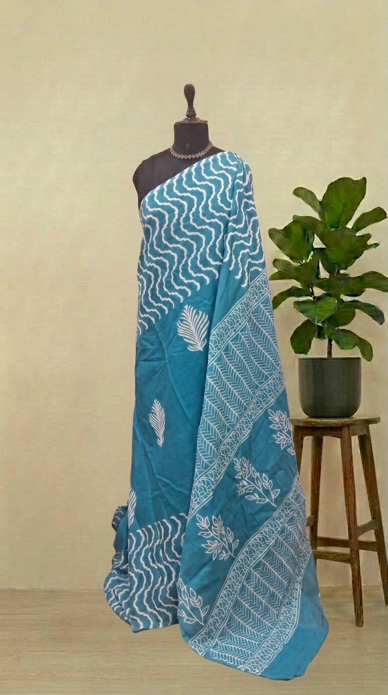 Sky Blue Mulmul Cotton Saree