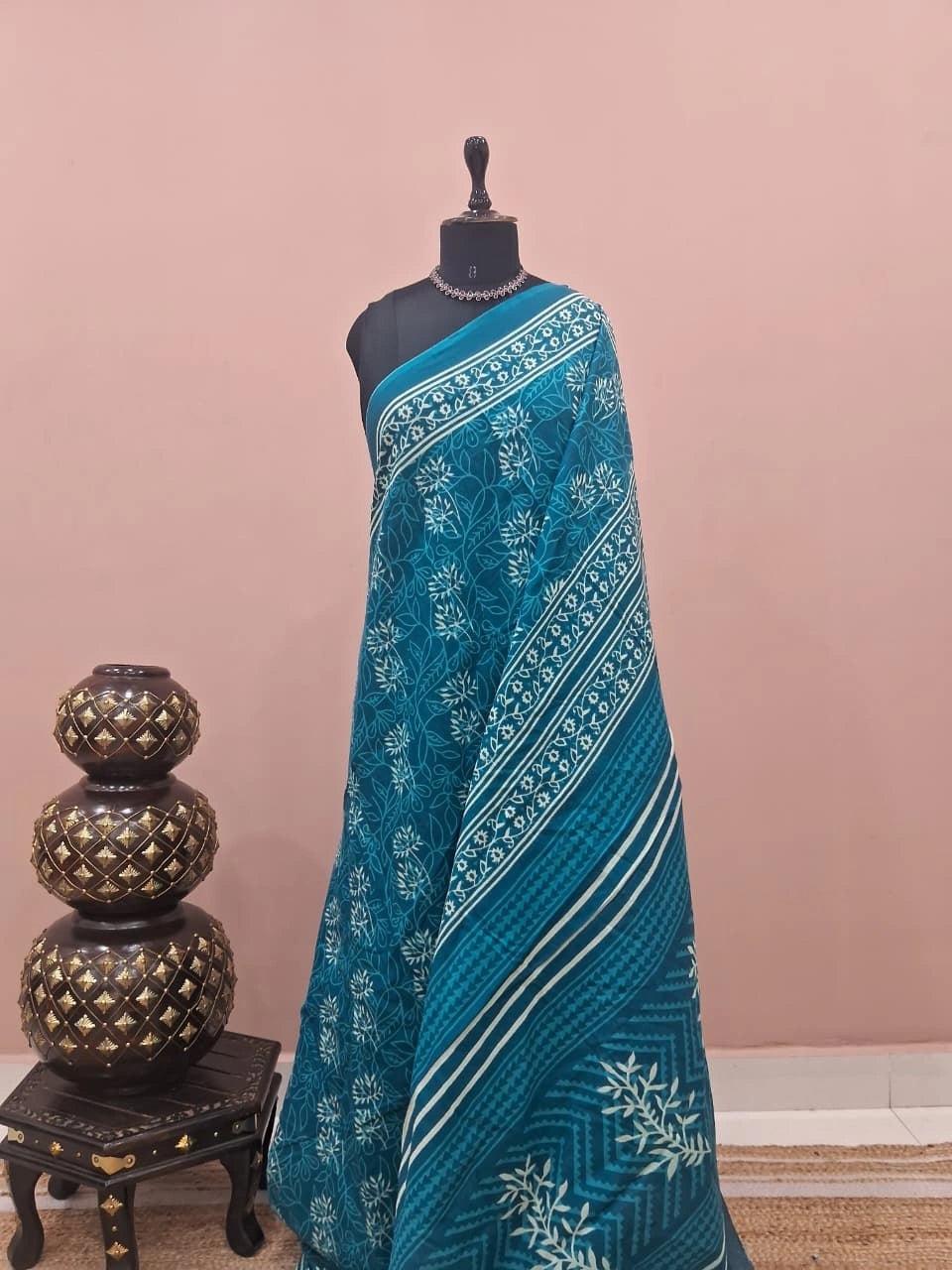 Teal Blue Mulmul Cotton Saree 